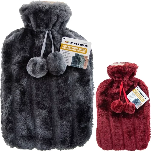Winter Cold Natural Rubber Hot Water Bottle with Cover Cosy Fur Pom Pom 2L