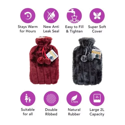 Winter Cold Natural Rubber Hot Water Bottle with Cover Cosy Fur Pom Pom 2L