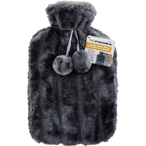 Winter Cold Natural Rubber Hot Water Bottle with Cover Cosy Fur Pom Pom 2L