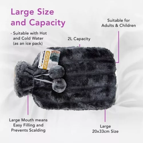 Winter Cold Natural Rubber Hot Water Bottle with Cover Cosy Fur Pom Pom 2L