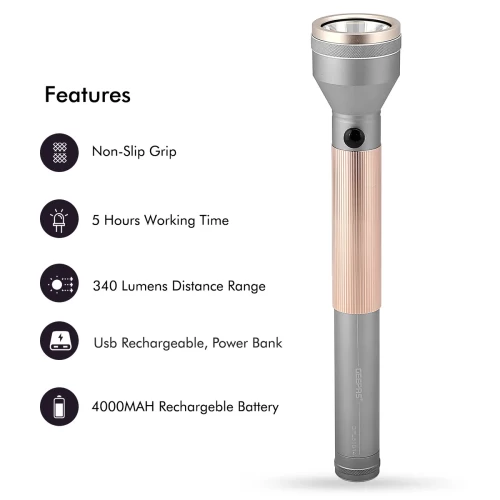 HEAVY-DUTY ROSE GOLD LED FLASHLIGHT WITH POWER BANK