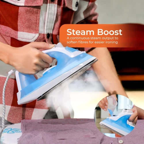 BLUE 1600W STEAM IRON WITH NON-STICK SOLEPLATE AND ADJUSTABLE TEMPERATURE