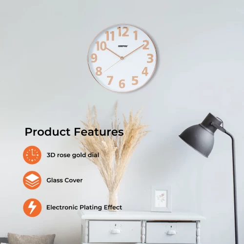 3D ROSE GOLD AND WHITE GLASS WALL CLOCK