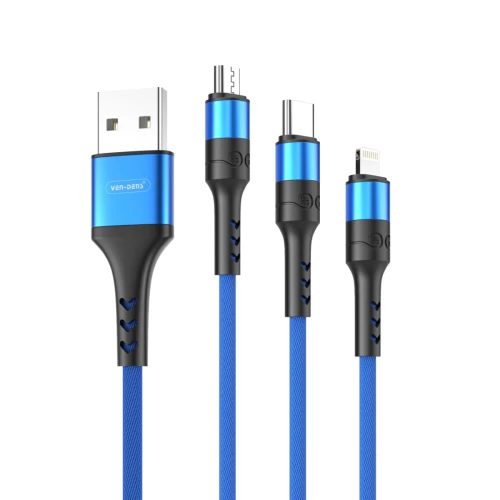 3 In 1 USB to Type C Lightning and Micro Charging Cable BLUE (1.2 Metre)