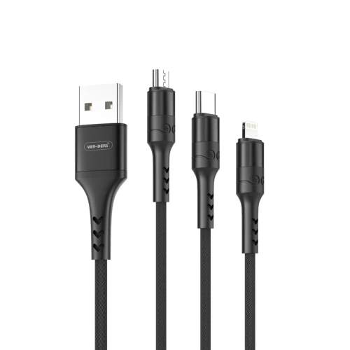 3 In 1 USB to Type C Lightning and Micro Charging Cable Black (1.2 Metre)