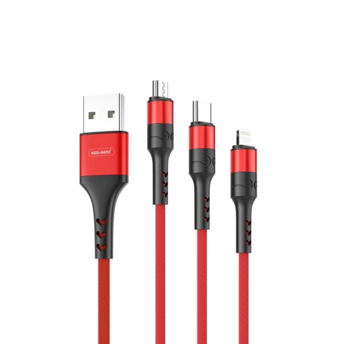 3 In 1 USB to Type C Lightning and Micro Charging Cable RED (1.2 Metre)